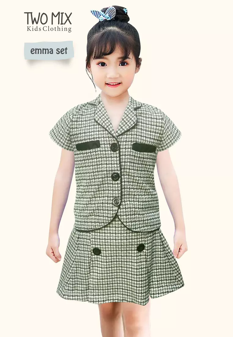 Two Mix - Setelan Anak Perempuan Kotak - Stelan Baju Anak Cewek Lucu Fashion 1-6 Tahun 4365A Light Cream