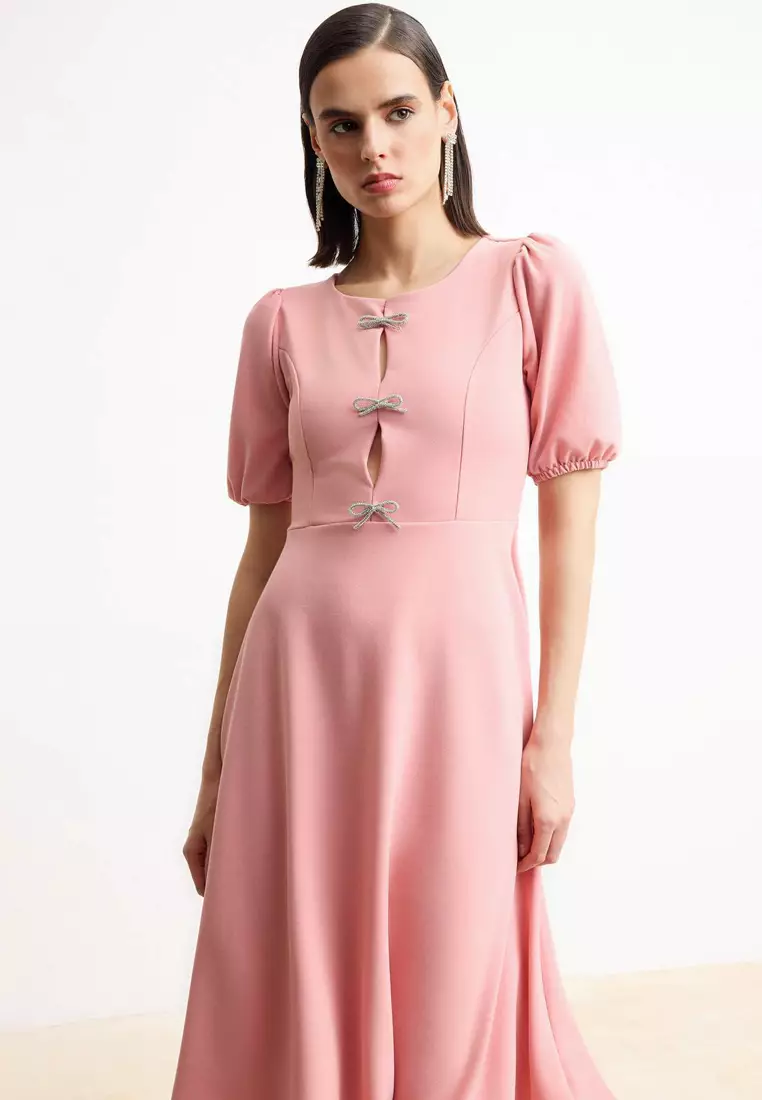Light Pink Plain Skirt With Bow At The Waist, Knitted Finike Midi, Unlined, Stylish/Evening Dress
