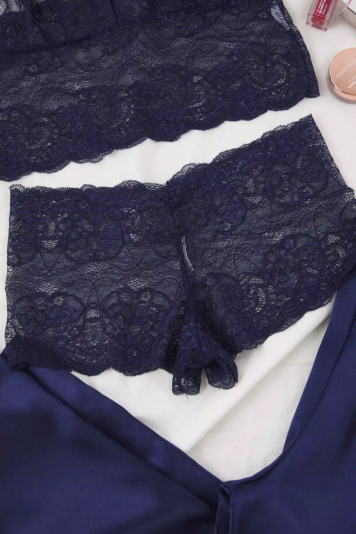 Navy Blue 3-Piece Dowry Set Lace Top, Satin Bottom Suspender Panty Woven Pajama Set