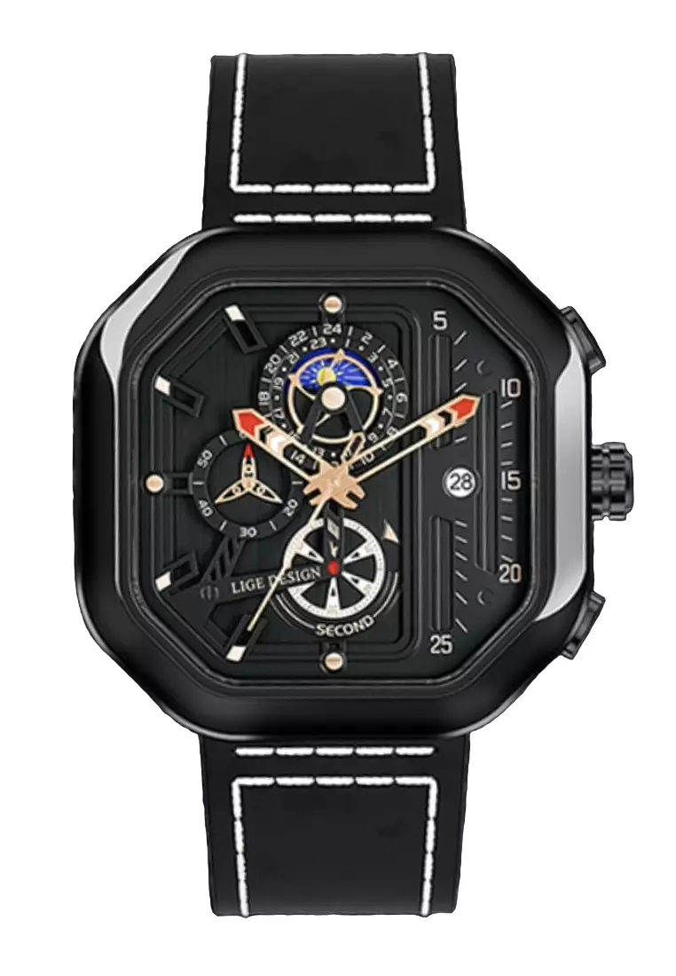 Unisex Chronograph Octogonal IP Black Stainless Steel Quartz Watch on Black Leather Strap