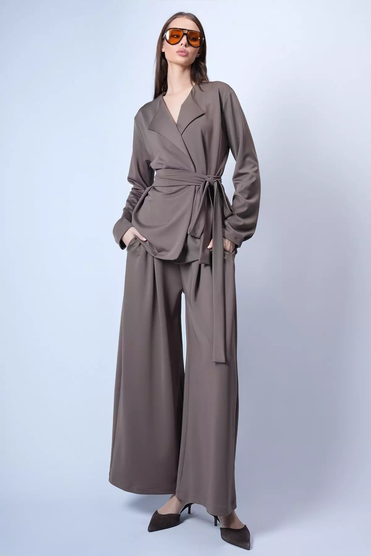 Brown Self-Belted Long Jacket And Double Pocket Trousers Set Alc-X15042