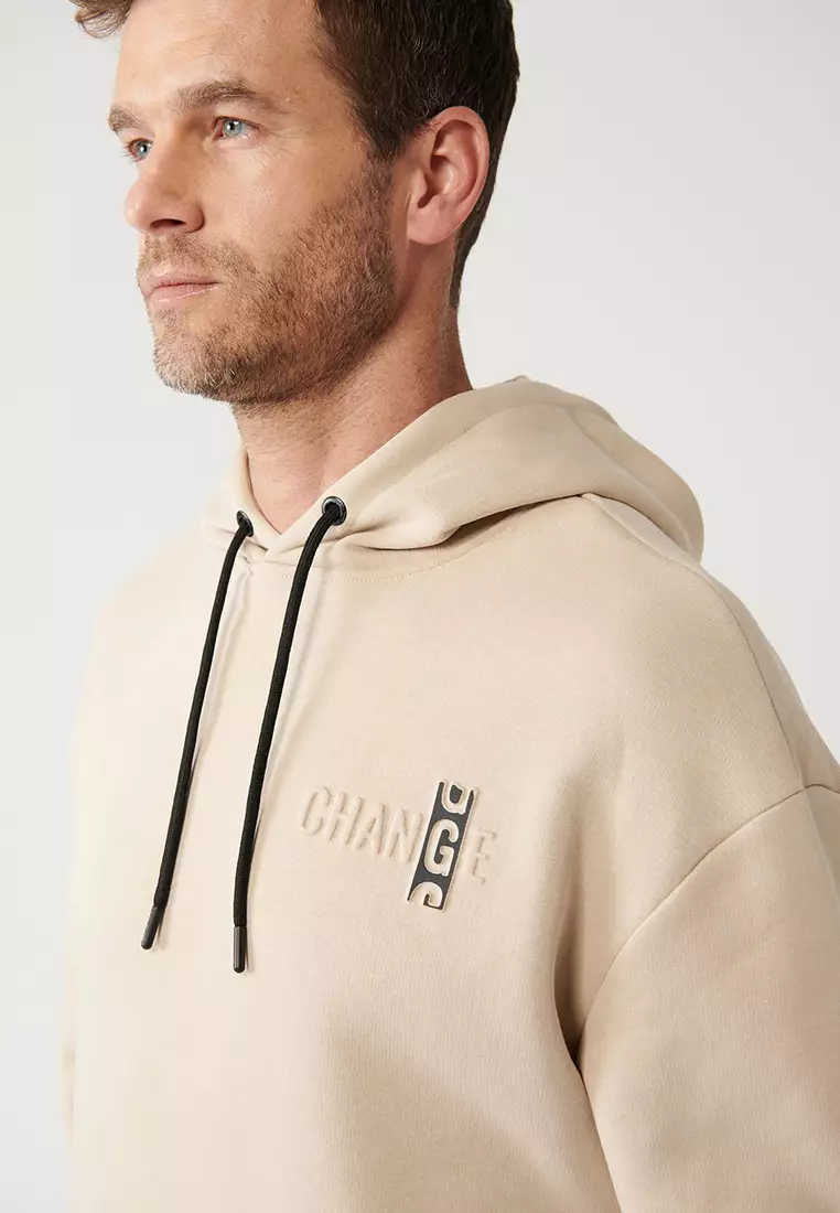 Men's Beige Hooded 3 Thread Raised Sweatshirt A32Y1190