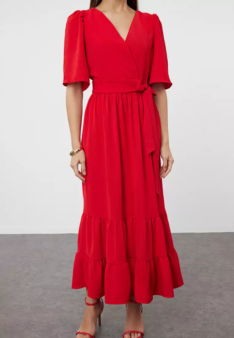 Red Belted Woven Double Breasted Collar Back Detailed Midi Woven Dress