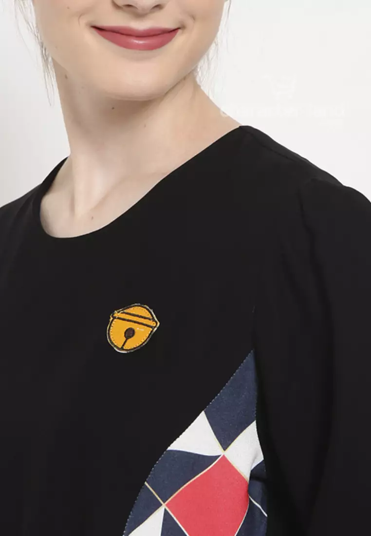 Doraemon Geometric Pattern Dress Black