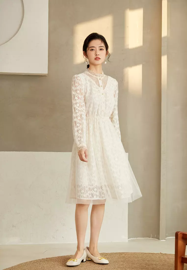 Stand Collar Lace Jacquard Midi Dress