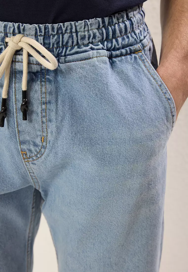 Blue Regular Fit Elastic Waist Wide Cut Loose Jeans TMNAW24JE00025
