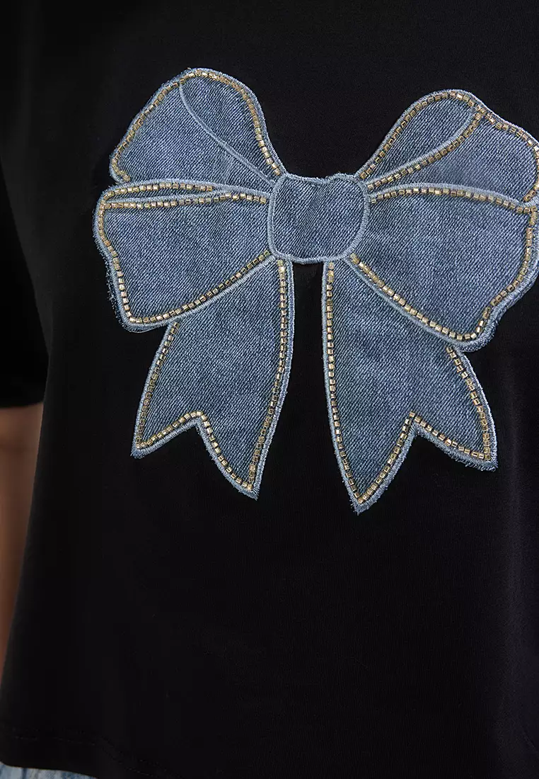 Black Bow Embroidered Regular/Normal Pattern Crop Knit T-Shirt TWOSS25TS00132