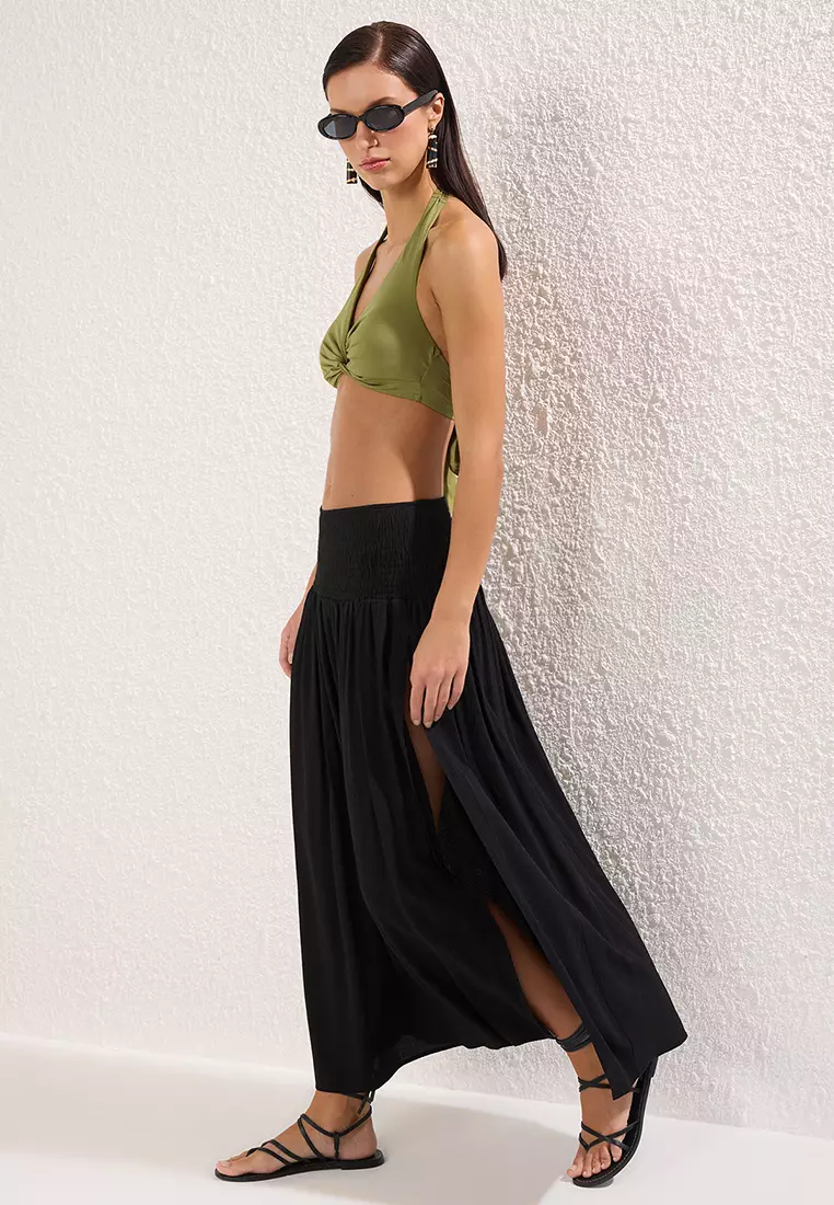 Black Maxi Woven Beach Skirt Tbess25Et00012