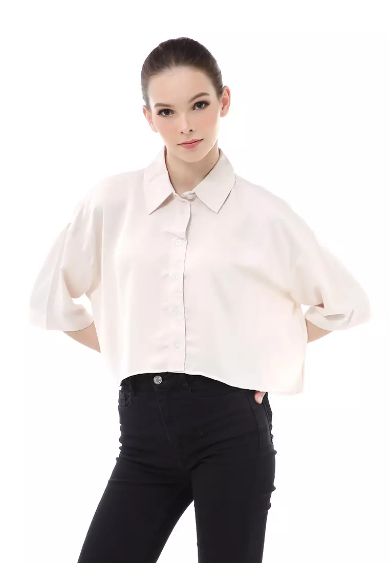Brielle Atasan Wanita Kemeja Oversize Plain Motive Lengan Pendek Material Satin ORIGiNAL - Ivory