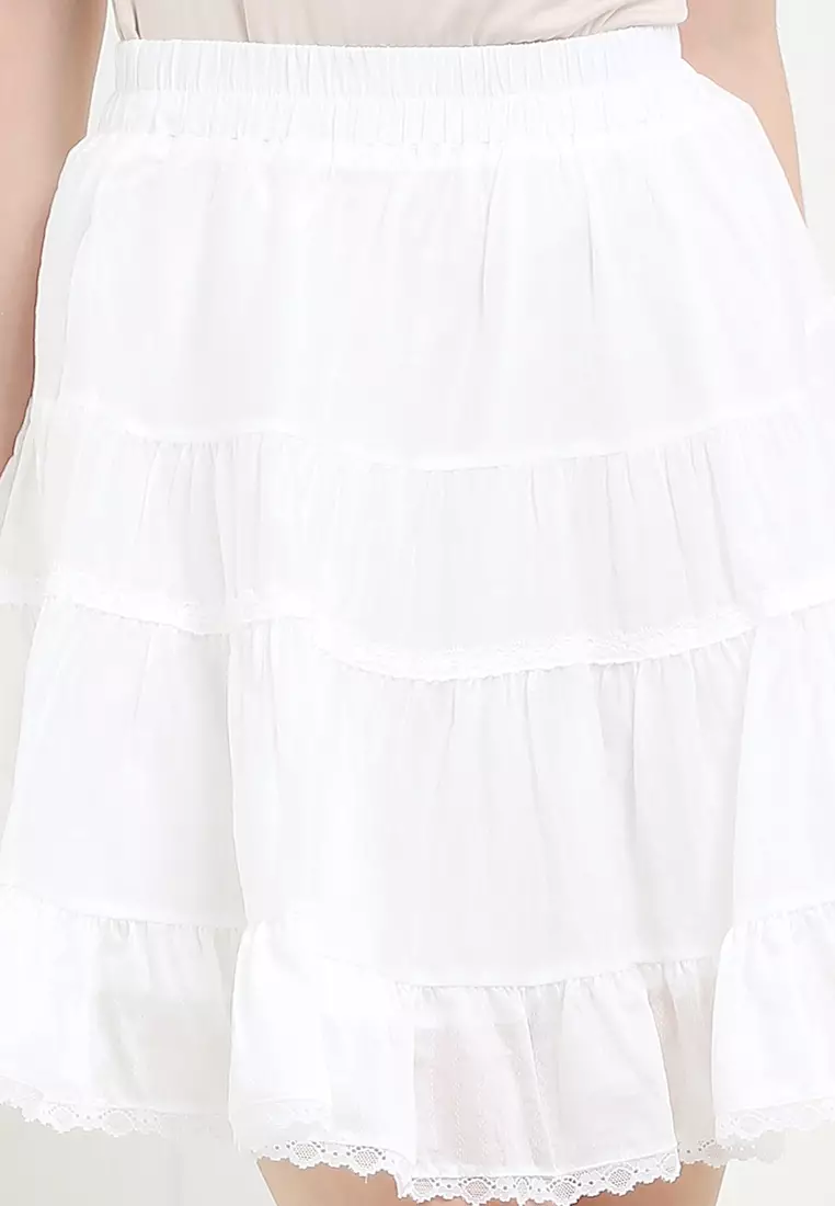 Mini 4 Tiered Dots Cotton Skirt W/ Lace Trimmings