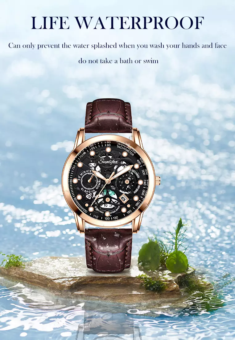 Jam Tangan Pria Dial Berongga Anti Air Kuarsa Tali Kulit Jam Pria Original Santai Mode Jam Tangan Cowok 7001 brown