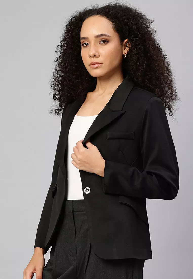 Blazer Kerah Ramping Warna Hitam