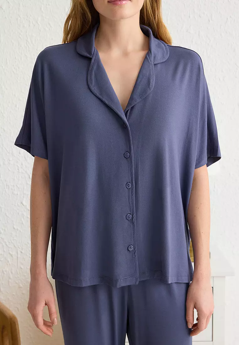 Navy Blue Comfortable Viscose Maternity Knitted Pajama Set THMSS25PT00165