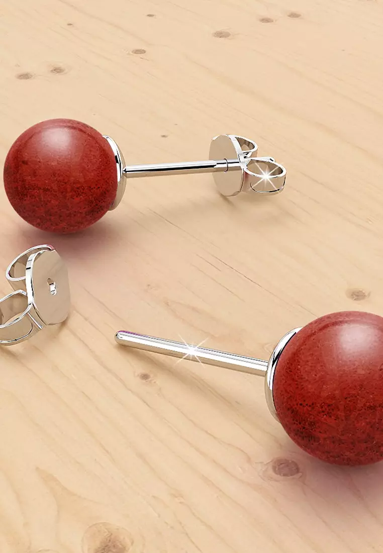 Solid 925 Sterling Silver Sphere Red Coral Stud Earrings