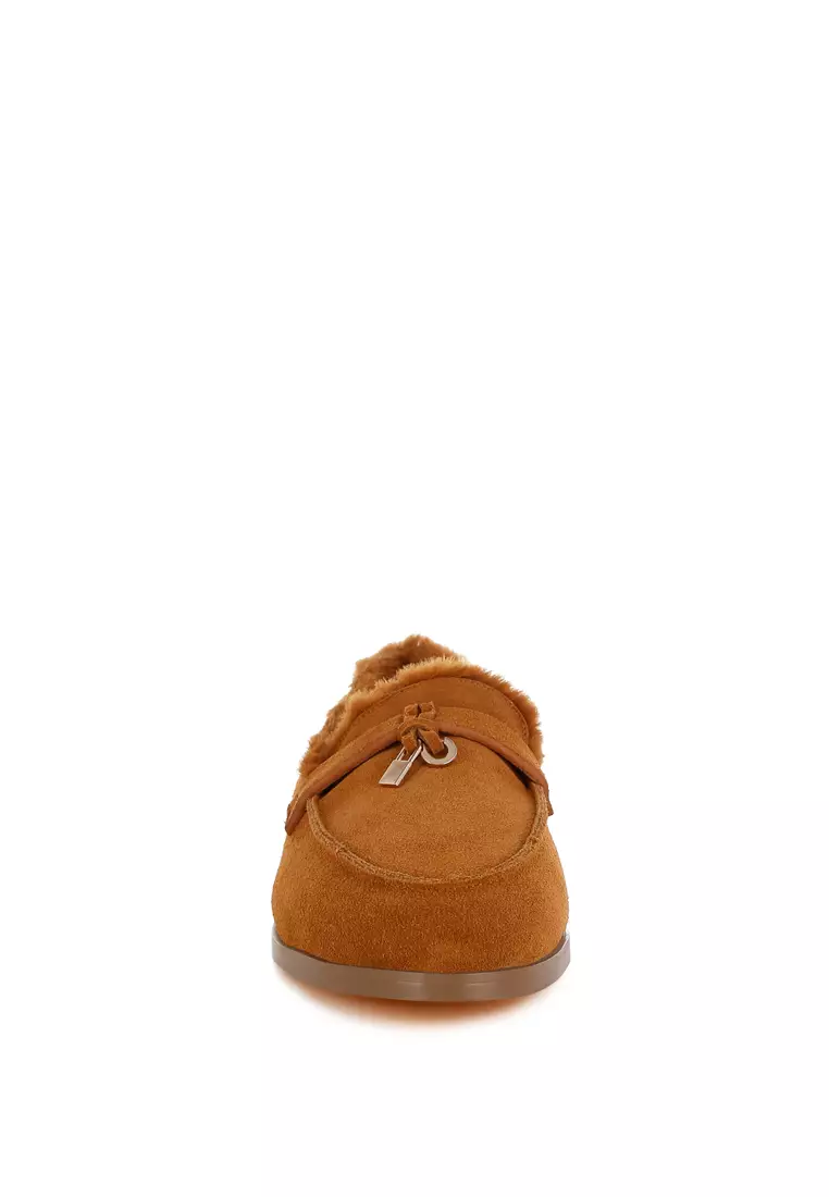 Suede & Faux Fur Flat Loafers In Tan