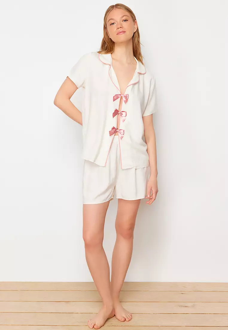 White Ribbon/Bow and Piping Detailed Viscose Shorts Woven Pajama Set THMSS24PT00290