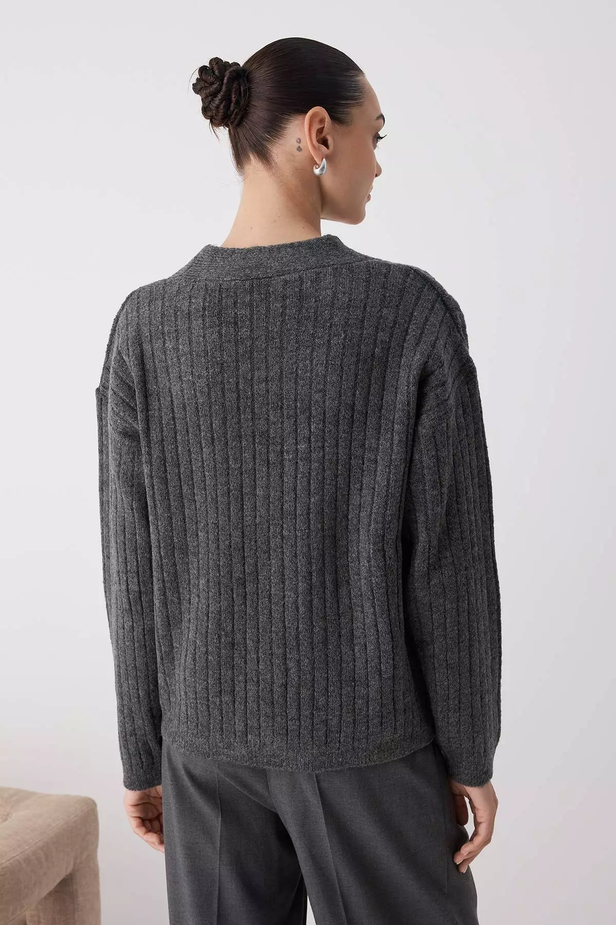 Anthracite Soft Textured Basic Wide Fit Knitwear Cardigan