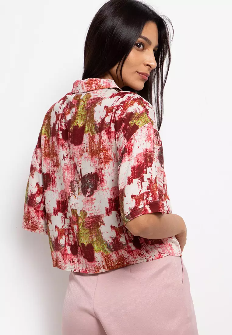 Nade Japan FT084 Kemeja pantai Wanita Kasual Abstrak Maroon