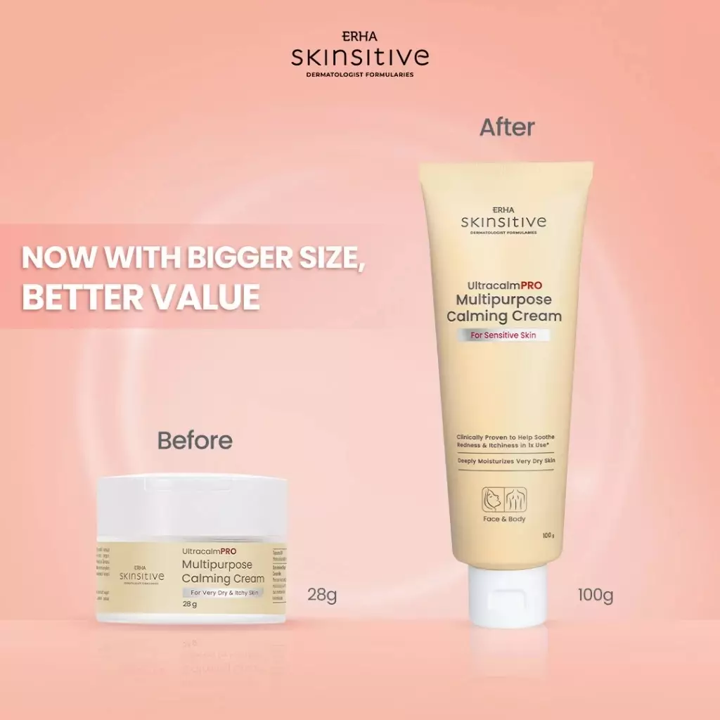 ERHA Skinsitive UltracalmPRO Multipurpose Calming Cream 100gr | Krim Multifungsi Untuk Semua Jenis Kulit (Normal, Kering, Sensitif, Iritasi) | Meredakan Gatal dan Kemerahan, Sunburn | Meredakan Eksim | Mencegah Stretchmark | Aman untuk Anak 3+