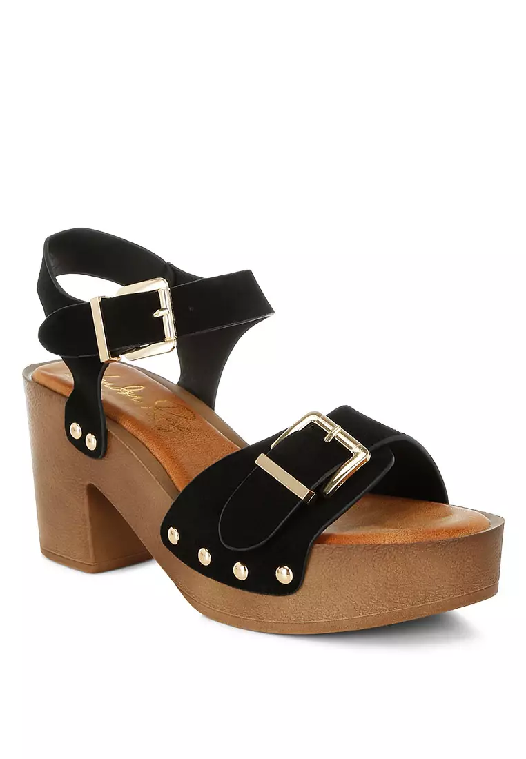 Real Suede Leather Clog Sandals In Black