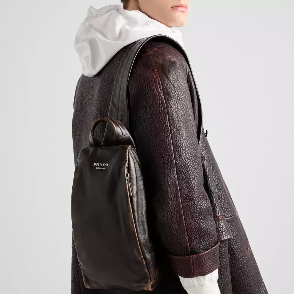 Triangle Logo Nappa Leather Sling Backpack Dark Brown