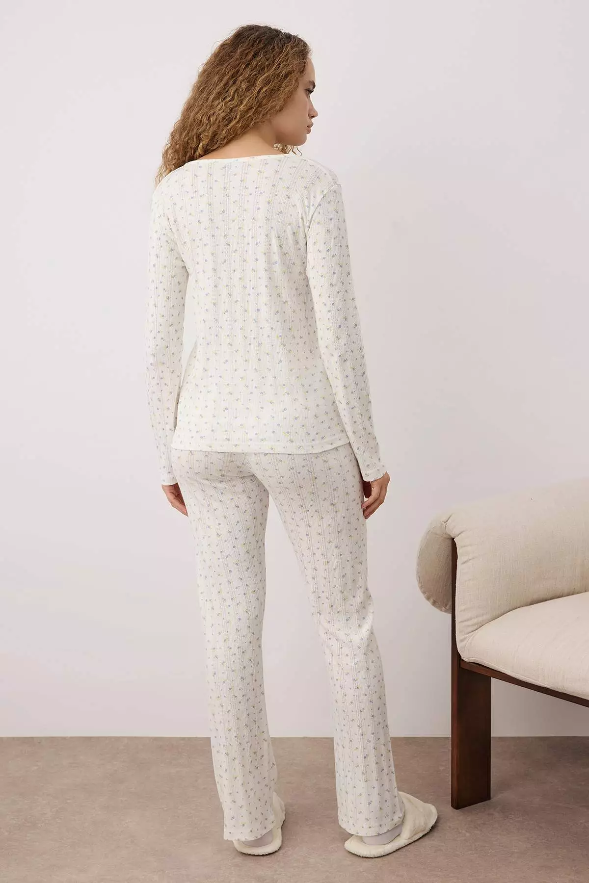 White Floral Lace Detailed Corduroy/Pointel Knitted Pajama Set