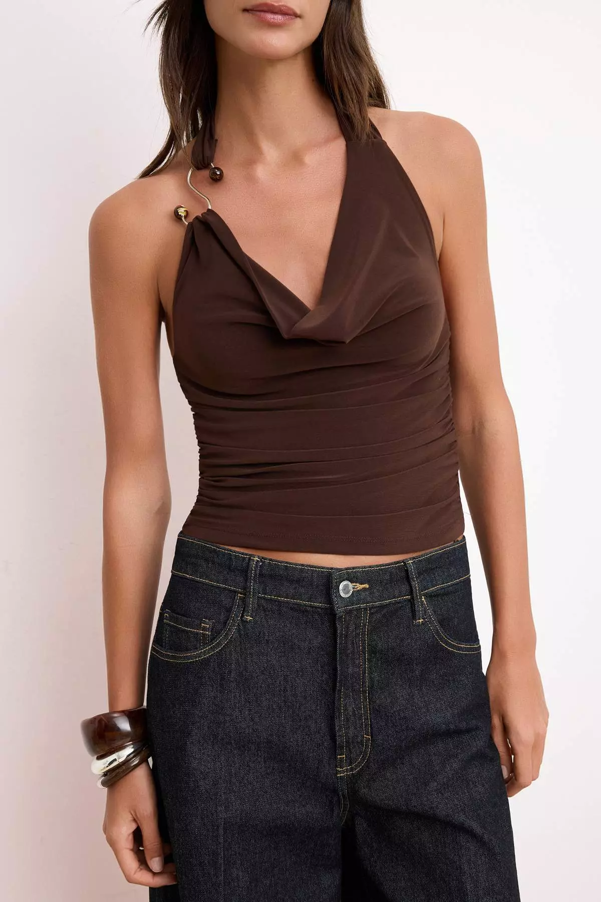 Brown Regular/Normal Fit Halter Neck Sleeveless Stretchy Knitted Blouse Twoss26Bz00521