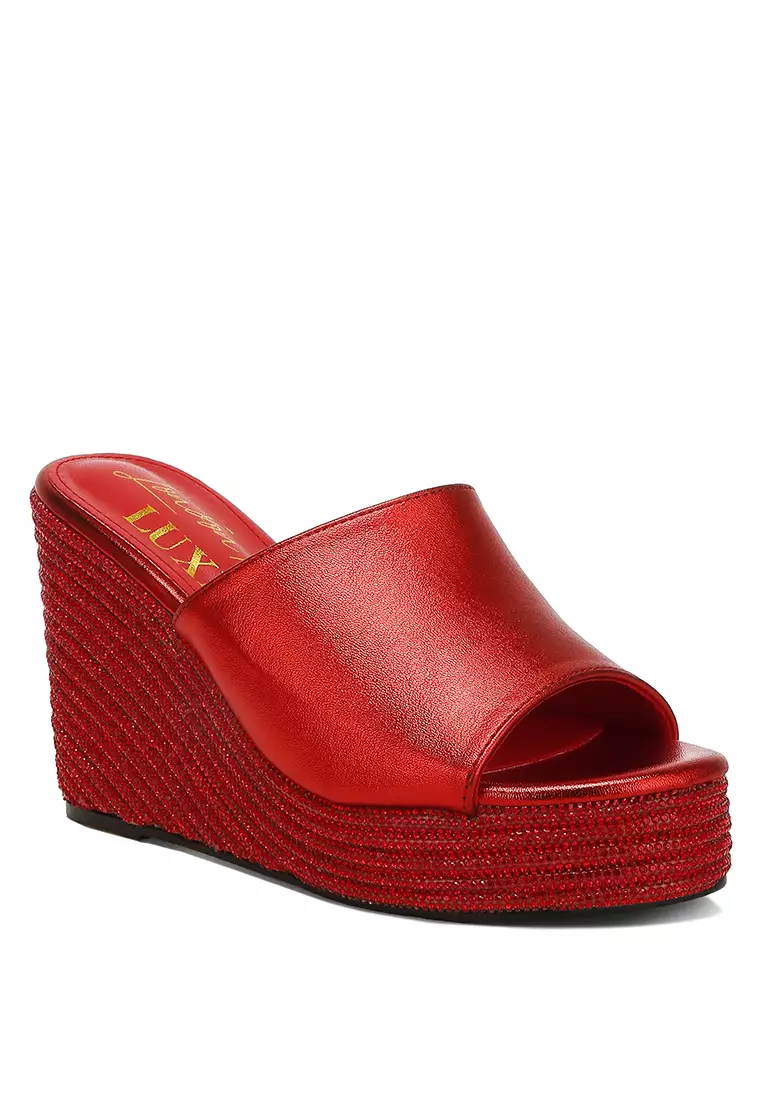 Wedge Heel Peep Toe Sandals in Red