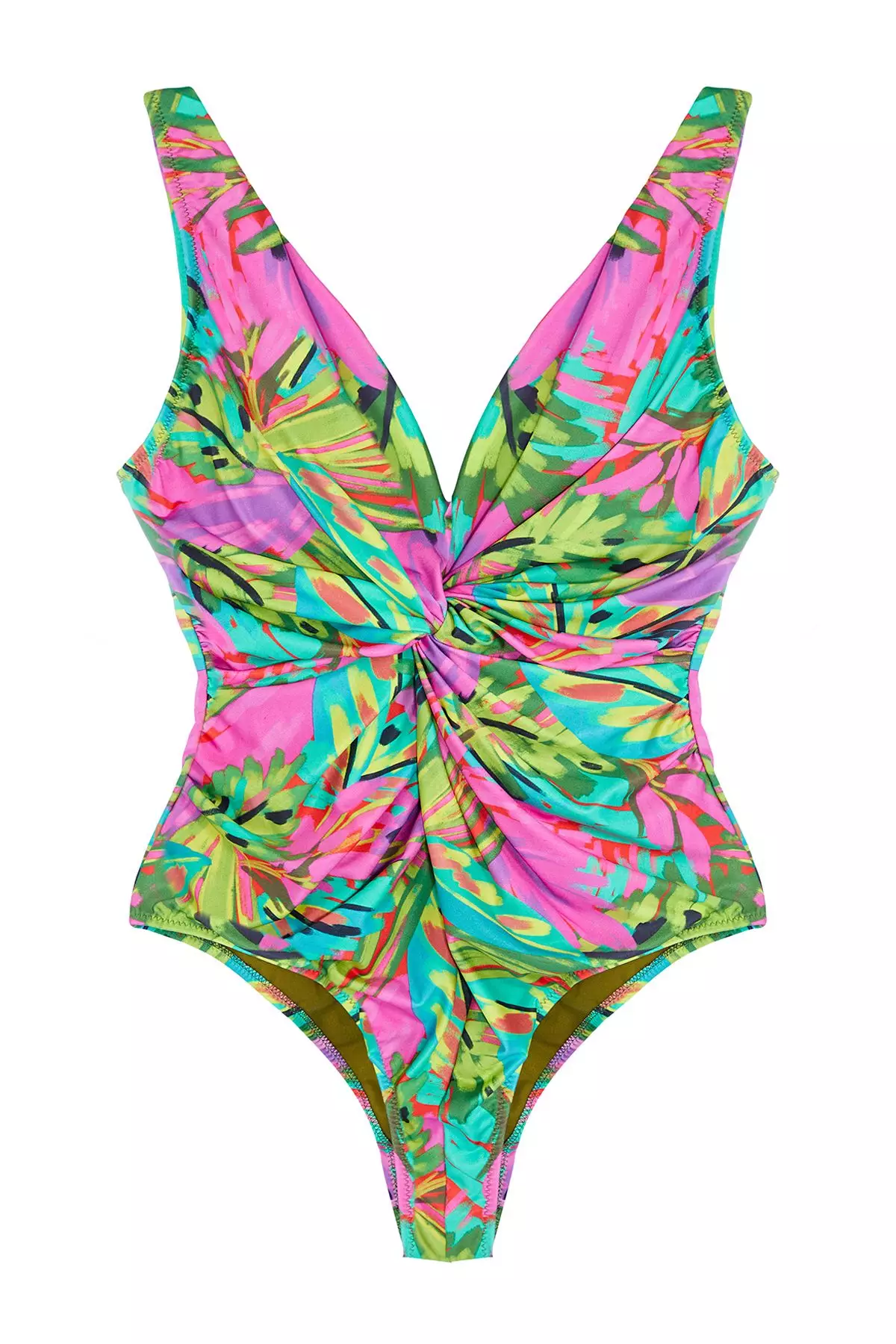 Plus Size Tropical Patterned V-Neck Swimsuit