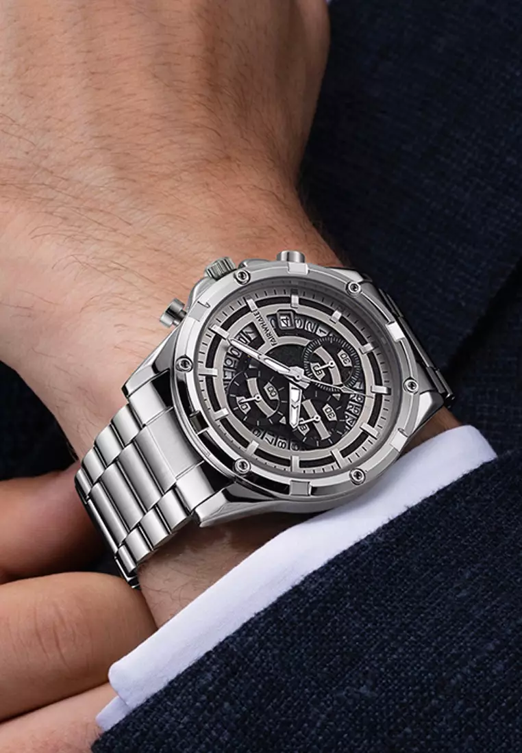 Unisex Stainless Steel Quartz Chronograph Watch, Black Dial, 42mm, Stainless Steel Bracelet