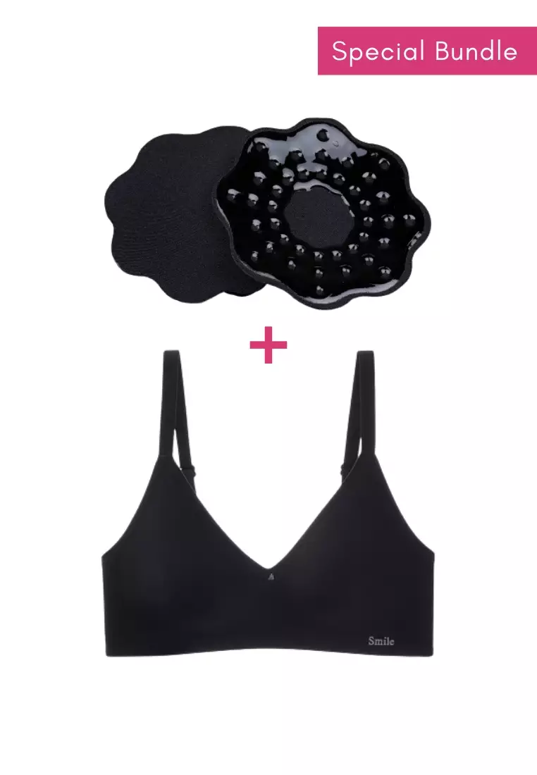 Special Bundle Premium Melanie Seamless Wireless Padded Support Bra and Nipple Cover Pads Flower in Black
