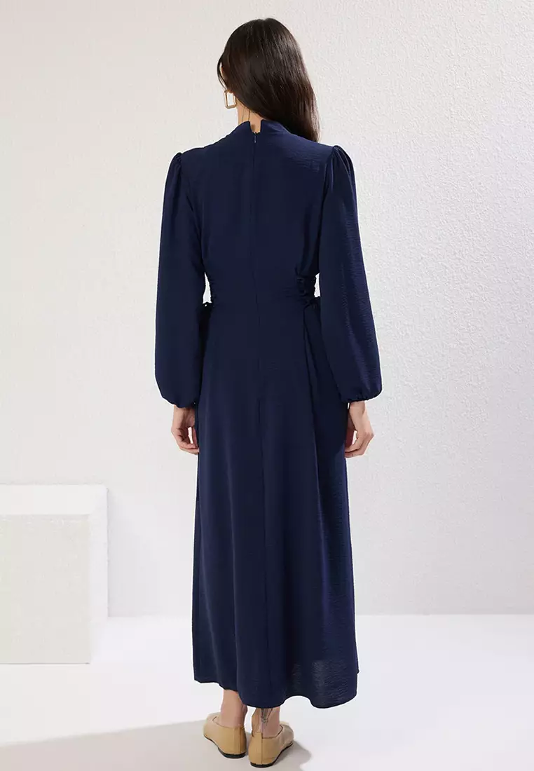 Navy Blue Judge Collar Waist Brit Aerobin Woven Dress Tctss25Eb00082