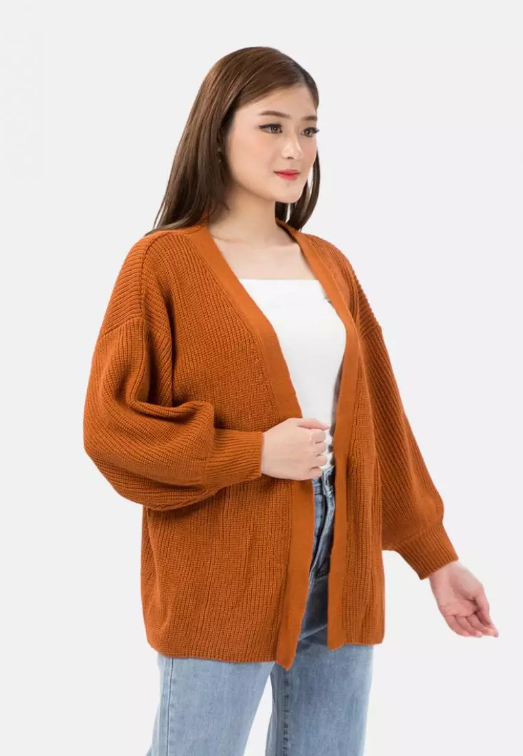 Balloon Sleeve Knit Cardigan in Terracotta