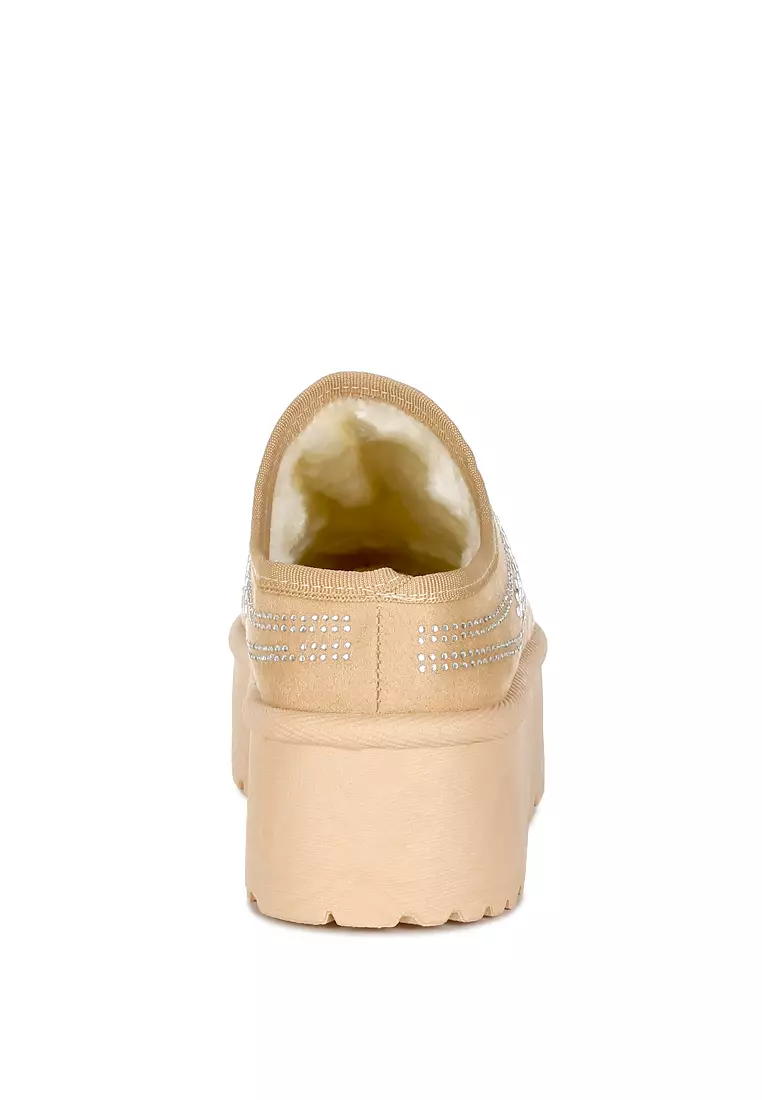 Beige Rhinestones Embellished Platform Classic Slip-On
