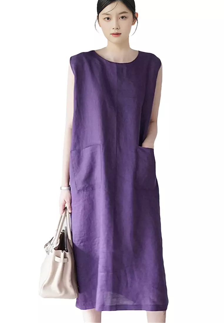 Buy Sunnydaysweety 2023Casual Loose Vintage Sleeveless Linen Dress