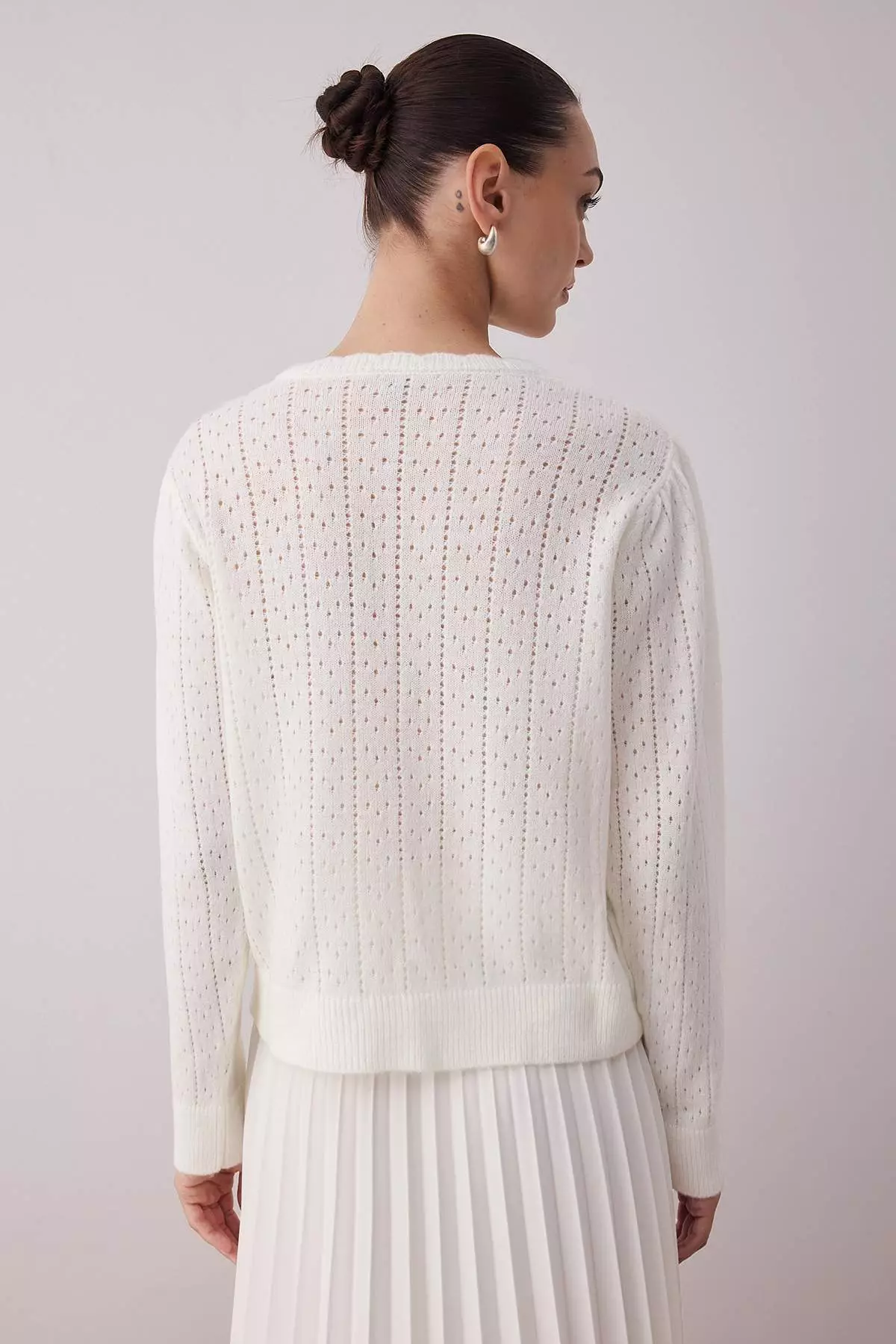 Ecru Soft Textured Openwork Knitwear Cardigan