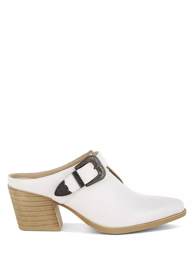 Carved Buckle Statement Mules in White