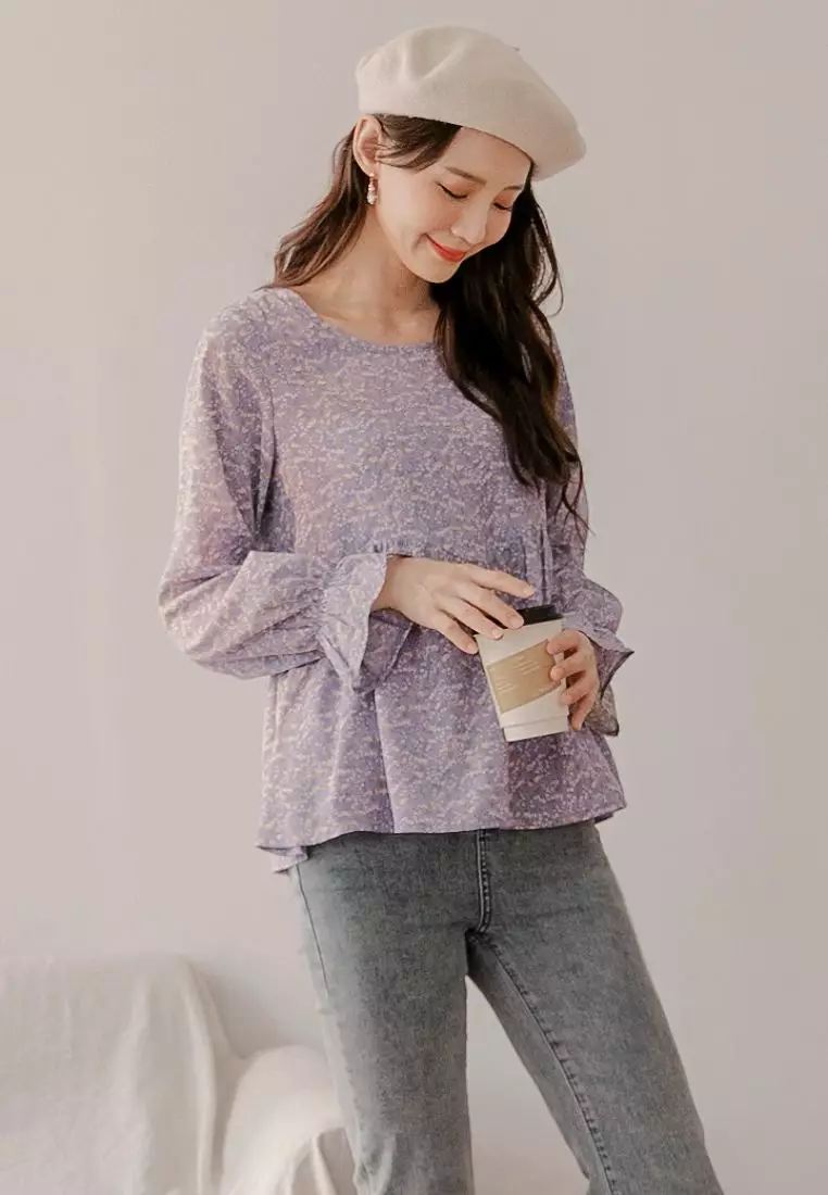 滿版碎花傘襬荷葉袖口上衣《AB16118》