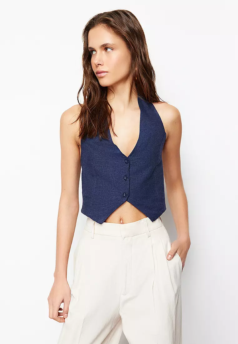 Indigo Halter Neck Gathered Back Cotton Linen Crop Woven Blouse
