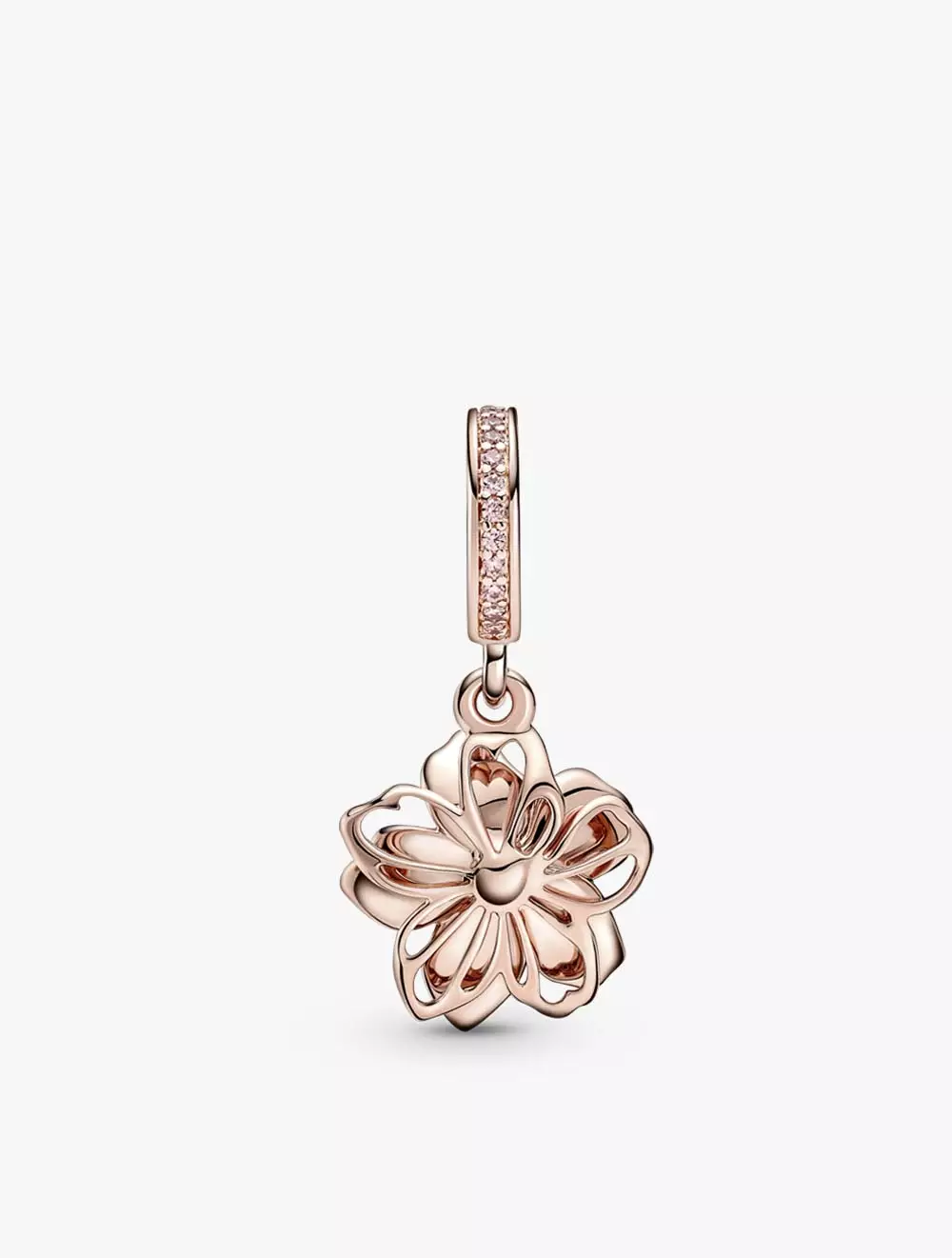 Spinable cherry blossom 14k rose gold-plated dangle with fancy fairy tale pink cubic zirconia and shaded pink enamel