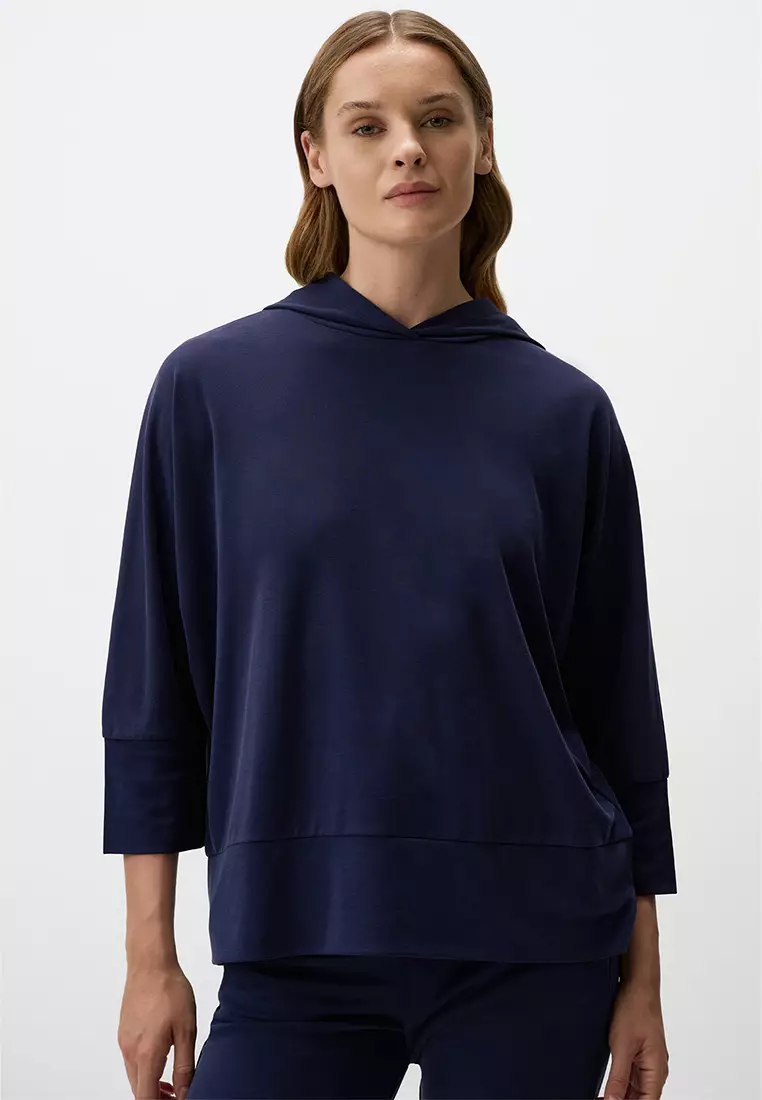 Jimmy Key Navy Blue Loose Fit Three Quarter Sleeved Hooded Sweatshirt