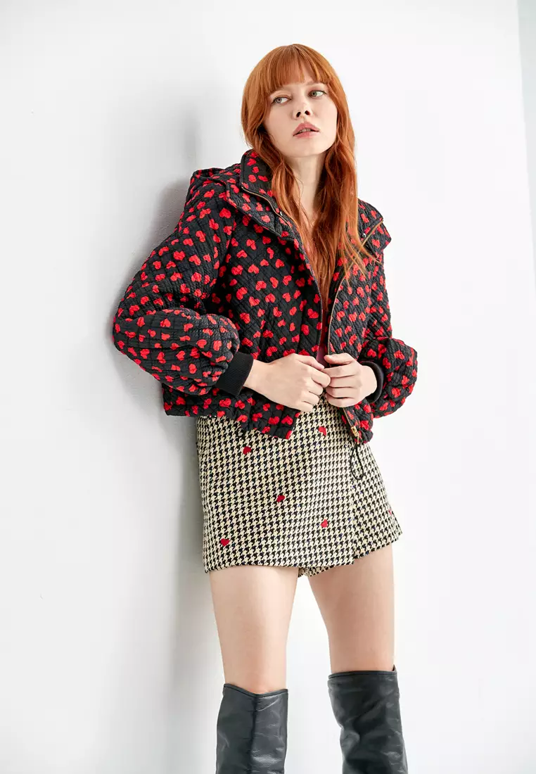 Houndstooth Print Skorts With Embroidered Heart Detail