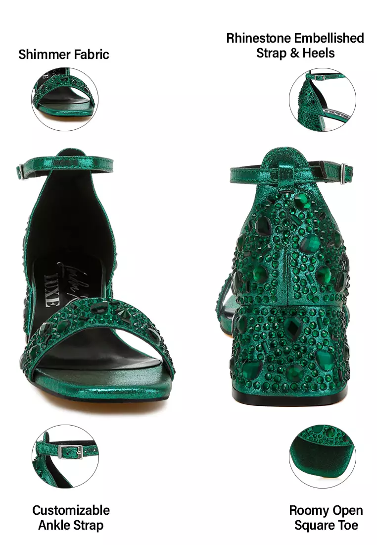 Sandal Berkilau Berhiasan Berlian Imitasi dalam Warna Hijau