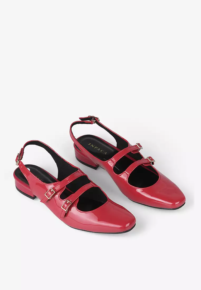 Emily Mary Jane Flat Shoes with Sling Back in Red