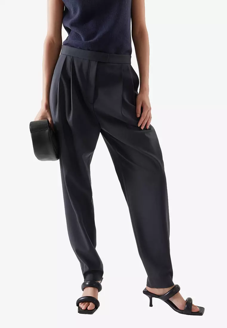 Navy - Jersey Pleat Front Tapered Trousers