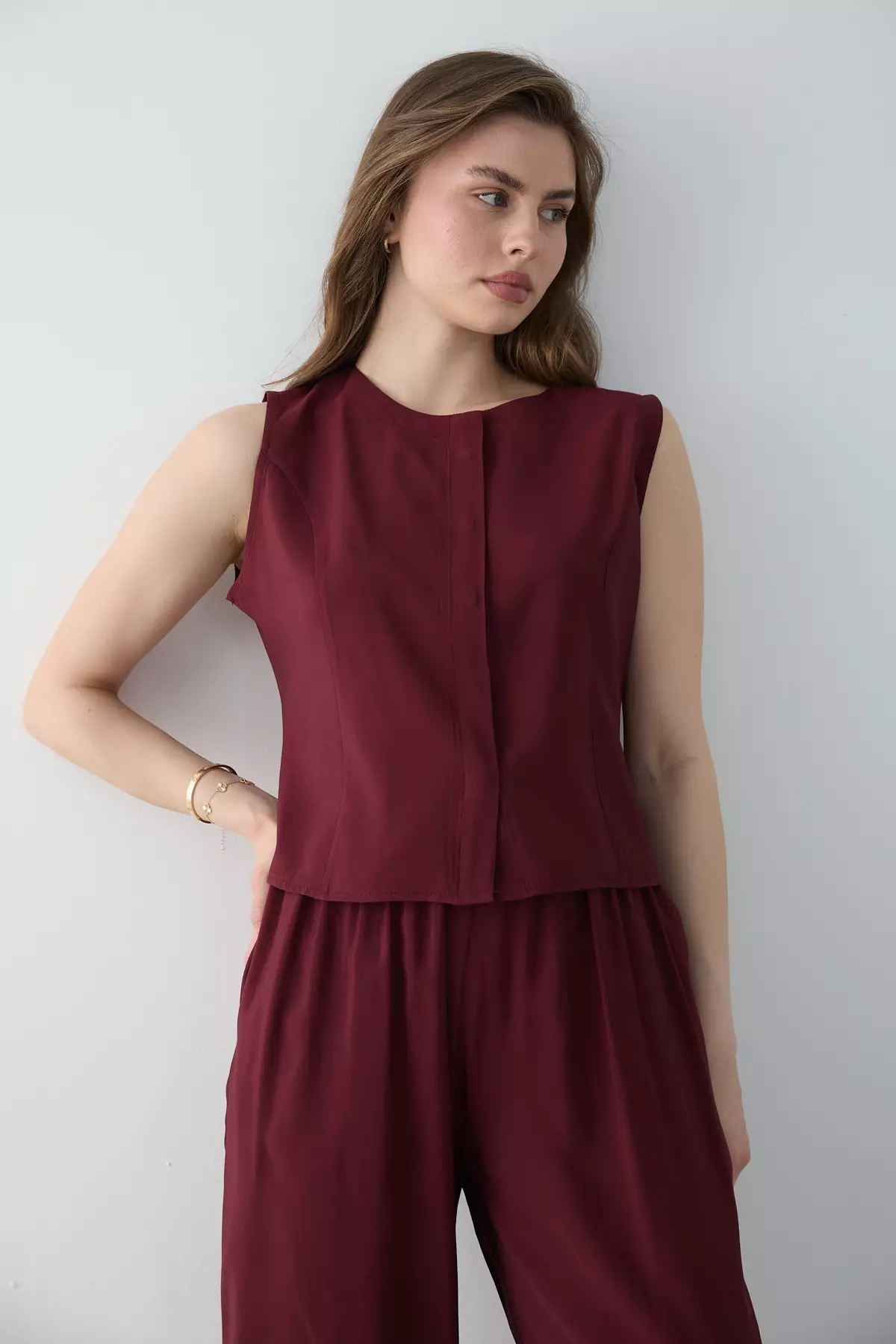 Burgundy Modal Look Blouse Trousers Woven Bottom - Top Set Twoss26Au00086