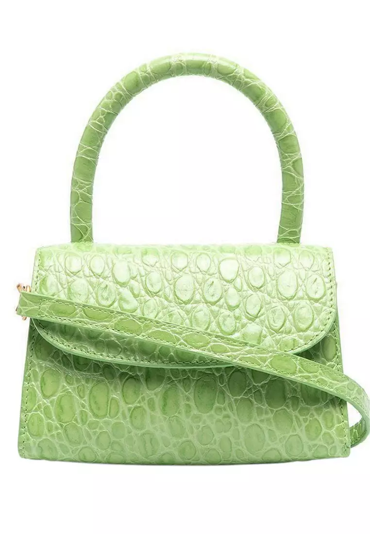 By Far Mini Circular Croco Embossed Leather Shoulder Bag in Pistachio