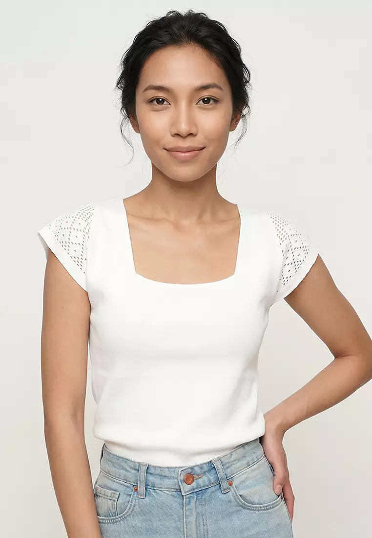Women's White Square Neck Openwork Summer Knitwear Blouse