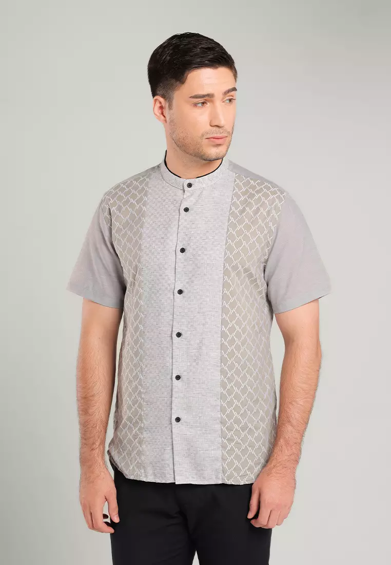 MOC Kemeja Koko Lengan Pendek Pria Tragan - Grey Warna Grey