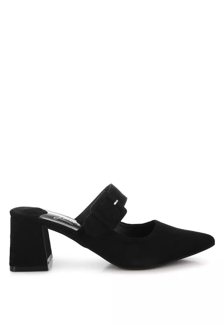 Discount on London Rag  shoes - SKU: Buckle Strap Detail Microfiber Mules in Black